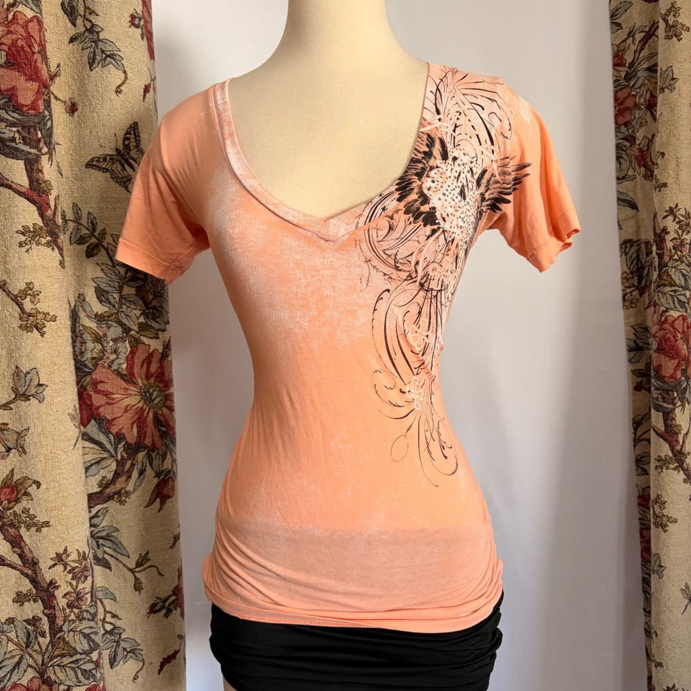 Archaic by Affliction Y2k peach orange grunge fitted tshirt with rhinestone wing
